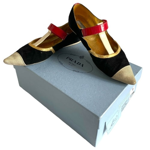 PRADA Multicolor Suede and Patent Pointed Toe Ballet Flats, Size 38