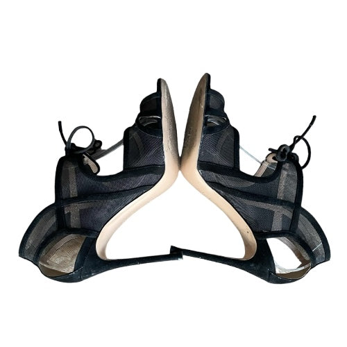 GIANVITO ROSSI Black Mesh & Suede Caged Open Toe Pumps, Size 39