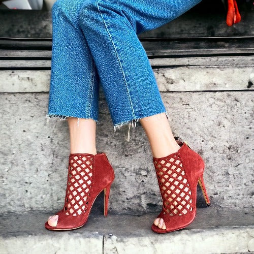 JIMMY CHOO Burgundy Suede Drift Cutout Peep-Toe Booties, Size 39