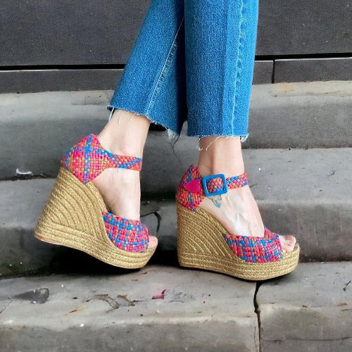 HERMES Multicolor Braided Leather Ankle Strap Espadrille Wedges Sandals, Size 40