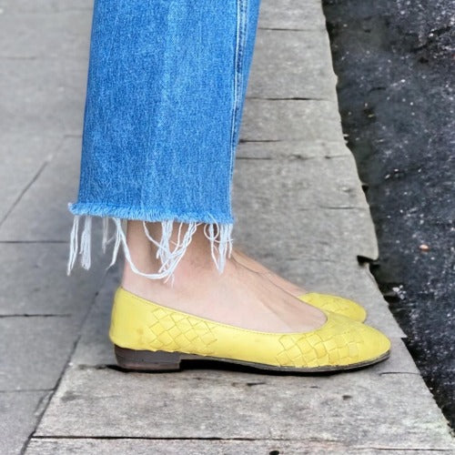 BOTTEGA VENETA Mustard Yellow Intrecciato Leather Flat Ballet Shoes, Size 36