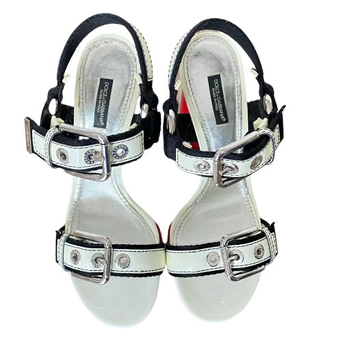DOLCE & GABBANA Off White & Black & Red Patent Leather Strappy Sandals, Size 39