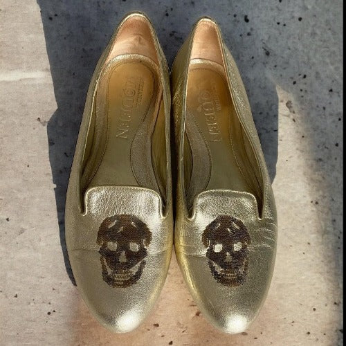 ALEXANDER MCQUEEN Gold Leather Sequin Skull Ballet Loafer Flats, Size 37
