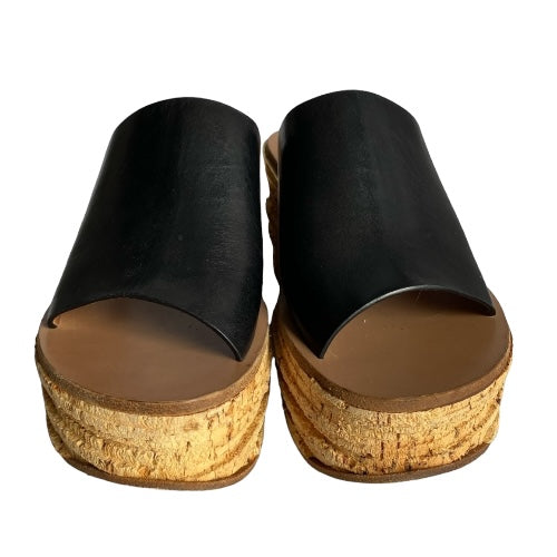 CHLOE Black Leather Cork Wedge Platform Slide Sandals, Size 38