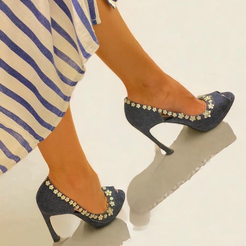 CHRISTIAN DIOR Blue Crystal Embellished Denim Garland Peep Toe Pumps, Size 37.5