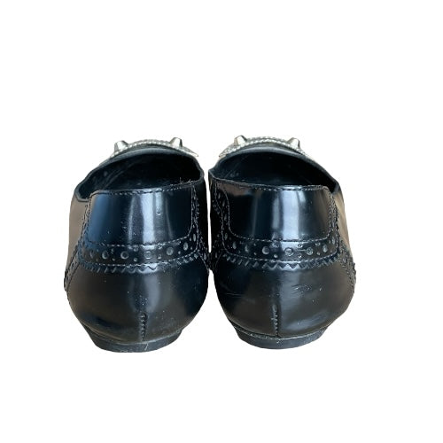 BALENCIAGA Arena Black Brogue Glossy Leather Metal Ballet Flats, Size 37