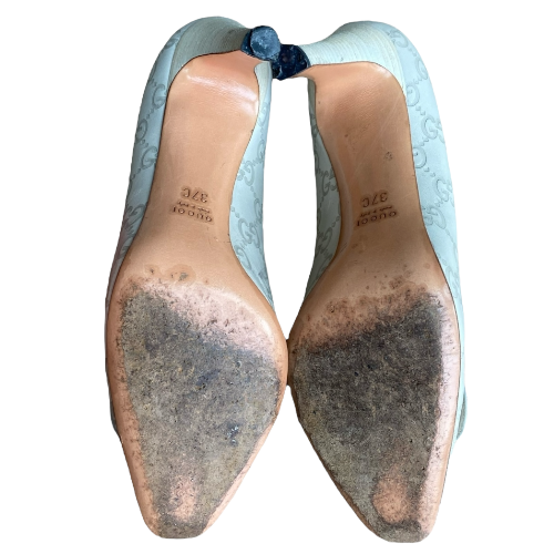 GUCCI Off White Leather GG Monogram Web Detail Almond Toe Heels, Size 37C
