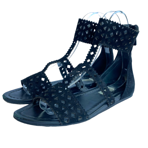 PRADA Black Suede Lasercut Gladiator Flat Sandals, Size 39