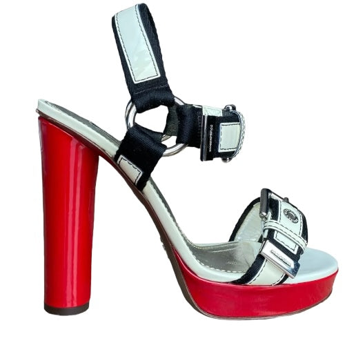 DOLCE & GABBANA Off White & Black & Red Patent Leather Strappy Sandals, Size 39