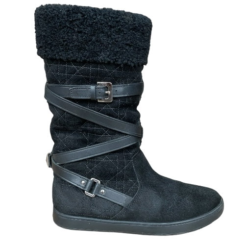 CHRISTIAN DIOR Black Soft Cannage Shearling Trim High Boots, Size 36.5