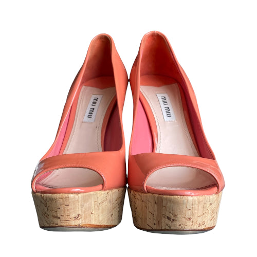 MIU MIU Coral Patent Leather Cork Platform Peep Toe Pumps, Size 37.5