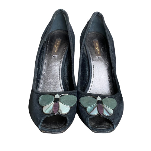 LOUIS VUITTON Black Suede Butterfly Peep Toe Wedge Pumps, Size 39.5