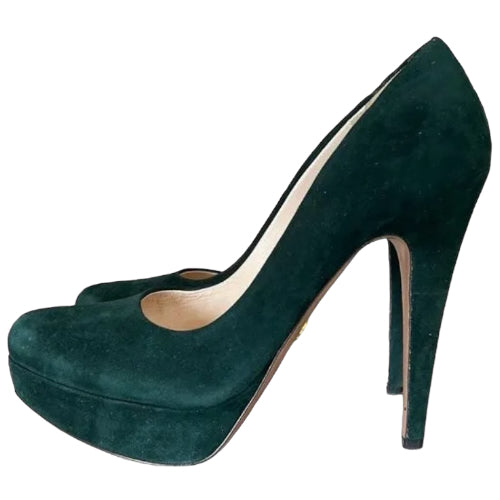 PRADA Dark Green Suede Almond Toe Platform Pumps, Size 37.5