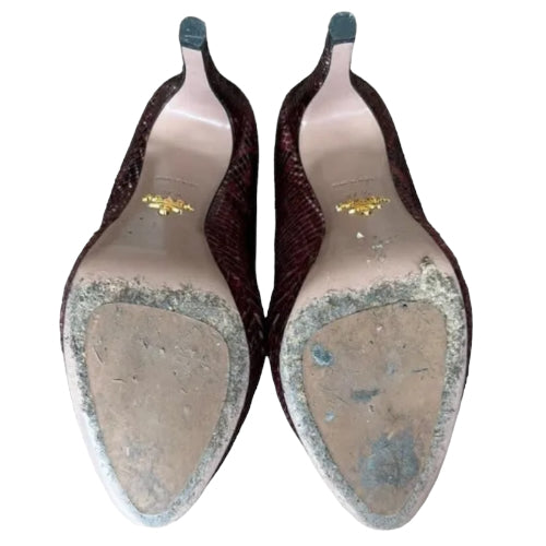 PRADA Burgundy Python Leather Round Toe Platform Pumps, Size 37.5
