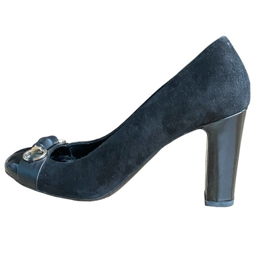 GUCCI Black Suede Horsebit Patent Leather Cap Toe & Heeled Pumps, Size 40.5