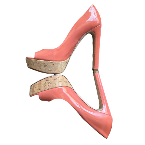 MIU MIU Coral Patent Leather Cork Platform Peep Toe Pumps, Size 37.5