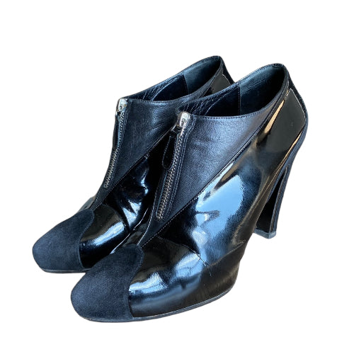BALENCIAGA Lucy Black Patent Leather, Leather & Suede Front Zip Boots, Size 39.5