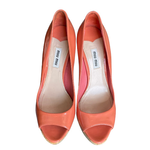 MIU MIU Coral Patent Leather Cork Platform Peep Toe Pumps, Size 37.5