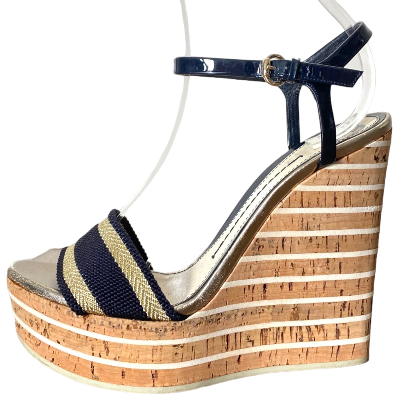 GUCCI Gold, Navy Canvas, Navy Patent Ankle Strap Cork Wedge Sandals, Size 37