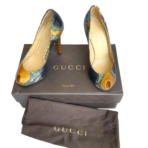 GUCCI Multicolor Python Leather Peep Toe Gold Mirror Effect Heel Pumps, Size 36
