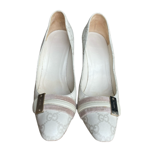 GUCCI Off White Leather GG Monogram Web Detail Almond Toe Heels, Size 37C