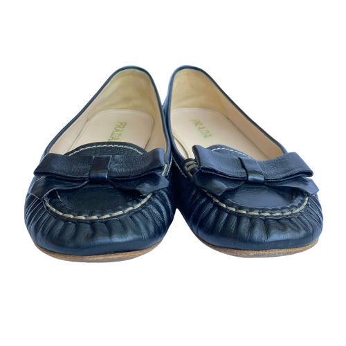 PRADA Black Leather Bow Detail Ballet Flats, Size 35.5