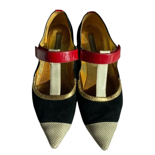 PRADA Multicolor Suede and Patent Pointed Toe Ballet Flats, Size 38