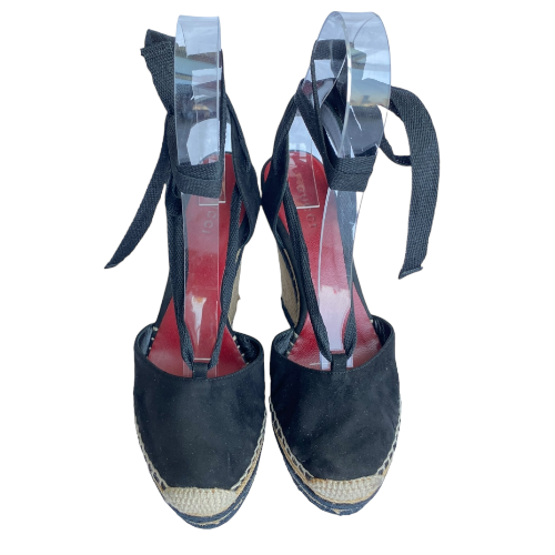 GUCCI Alexis Black Suede Ankle Wrap Platform Espadrille Wedge Sandals, Size 37