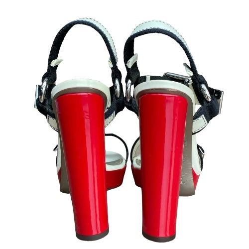 DOLCE & GABBANA Off White & Black & Red Patent Leather Strappy Sandals, Size 39