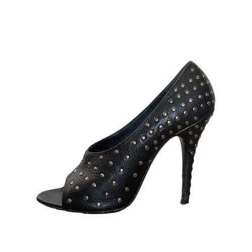 GIVENCHY Black Leather Studded Open Toe Pumps, Size 39