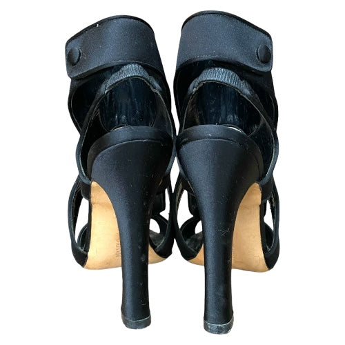 MANOLO BLAHNIK Black Satin Cutout Accents Slingback Heeled Sandals , Size 37