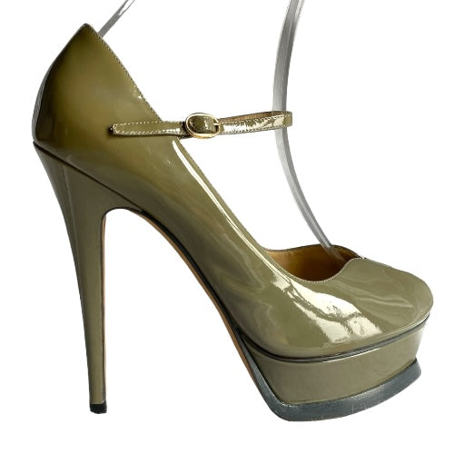 YVES SAINT LAURENT Olive Green Patent Leather Tribute Mary Jane Pumps, Size 38.5