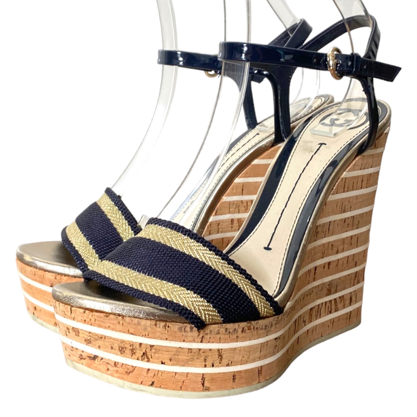 GUCCI Gold, Navy Canvas, Navy Patent Ankle Strap Cork Wedge Sandals, Size 37