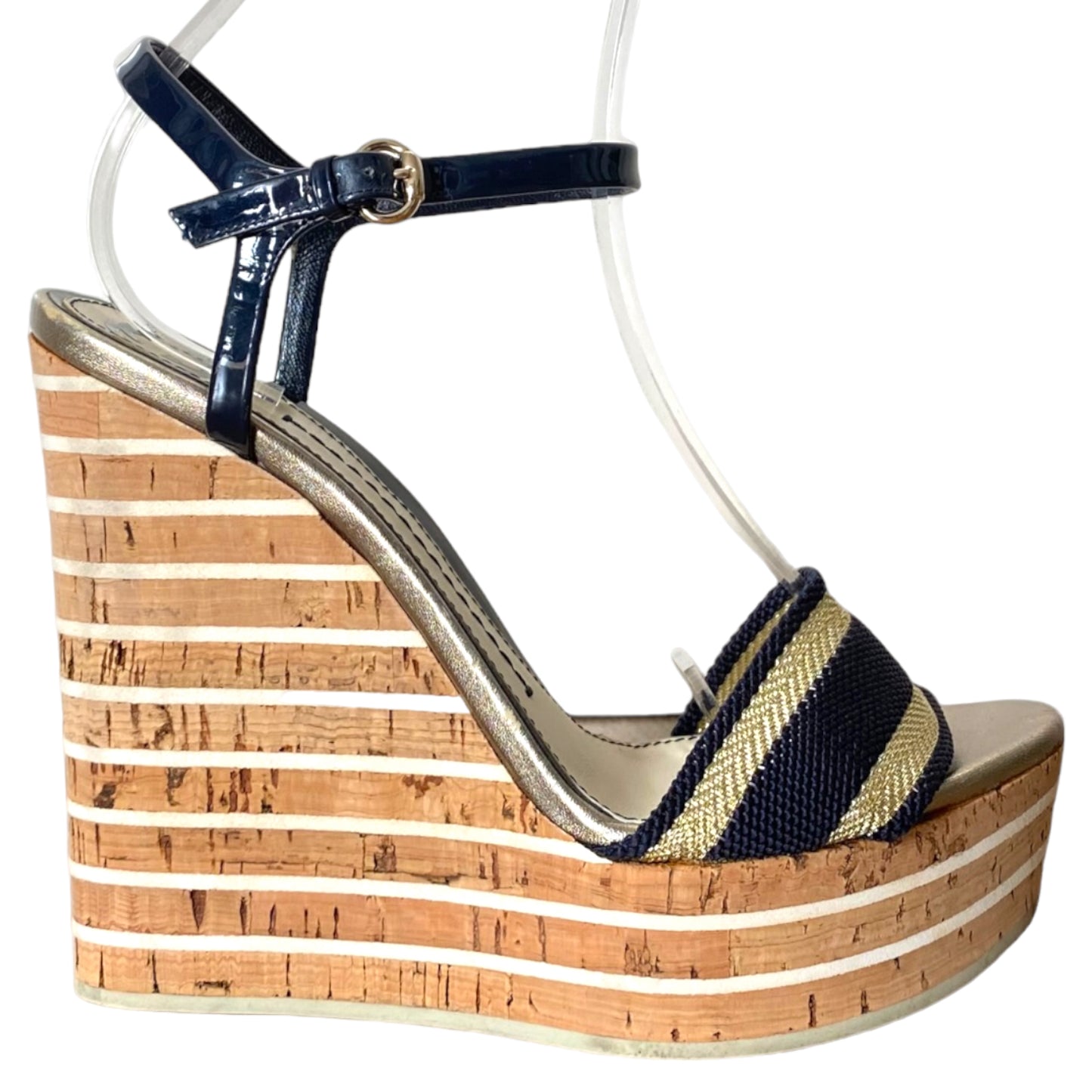 GUCCI Gold, Navy Canvas, Navy Patent Ankle Strap Cork Wedge Sandals, Size 37