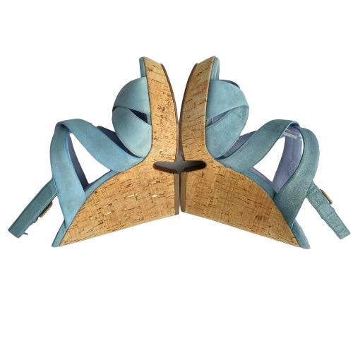 YVES Saint Laurent Lauren Blue Suede Crisscross Strappy Cork Wedge Sandals, 36.5