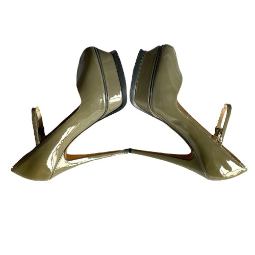 YVES SAINT LAURENT Olive Green Patent Leather Tribute Mary Jane Pumps, Size 38.5