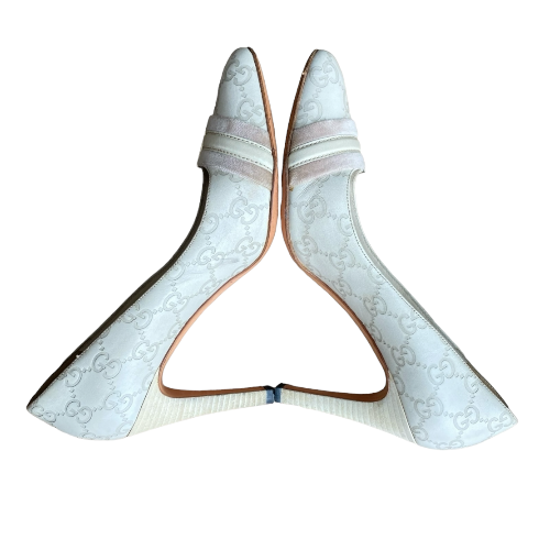 GUCCI Off White Leather GG Monogram Web Detail Almond Toe Heels, Size 37C