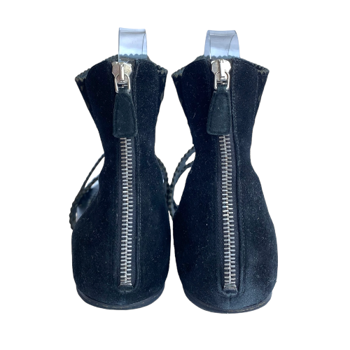 PRADA Black Suede Lasercut Gladiator Flat Sandals, Size 39