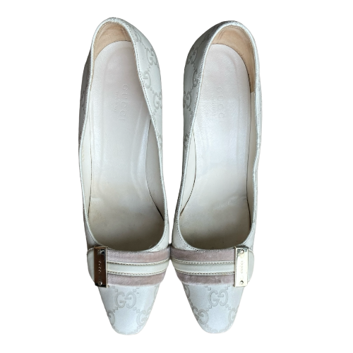 GUCCI Off White Leather GG Monogram Web Detail Almond Toe Heels, Size 37C