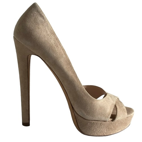 MIU MIU Beige Suede Crisscross Straps Peep Toe Half D'orsay Platform Pumps, 39