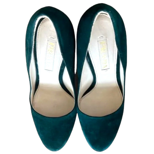 PRADA Dark Green Suede Almond Toe Platform Pumps, Size 37.5