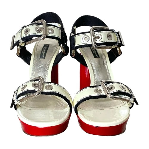 DOLCE & GABBANA Off White & Black & Red Patent Leather Strappy Sandals, Size 39