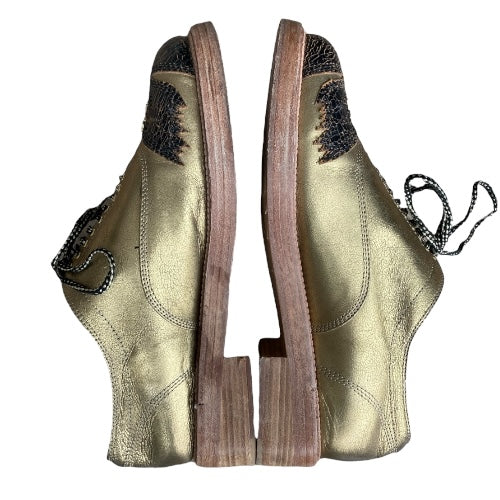 CHANEL Paris Dallas Gold Leather Lace Up Oxfords, Size 40