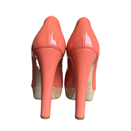 MIU MIU Coral Patent Leather Cork Platform Peep Toe Pumps, Size 37.5