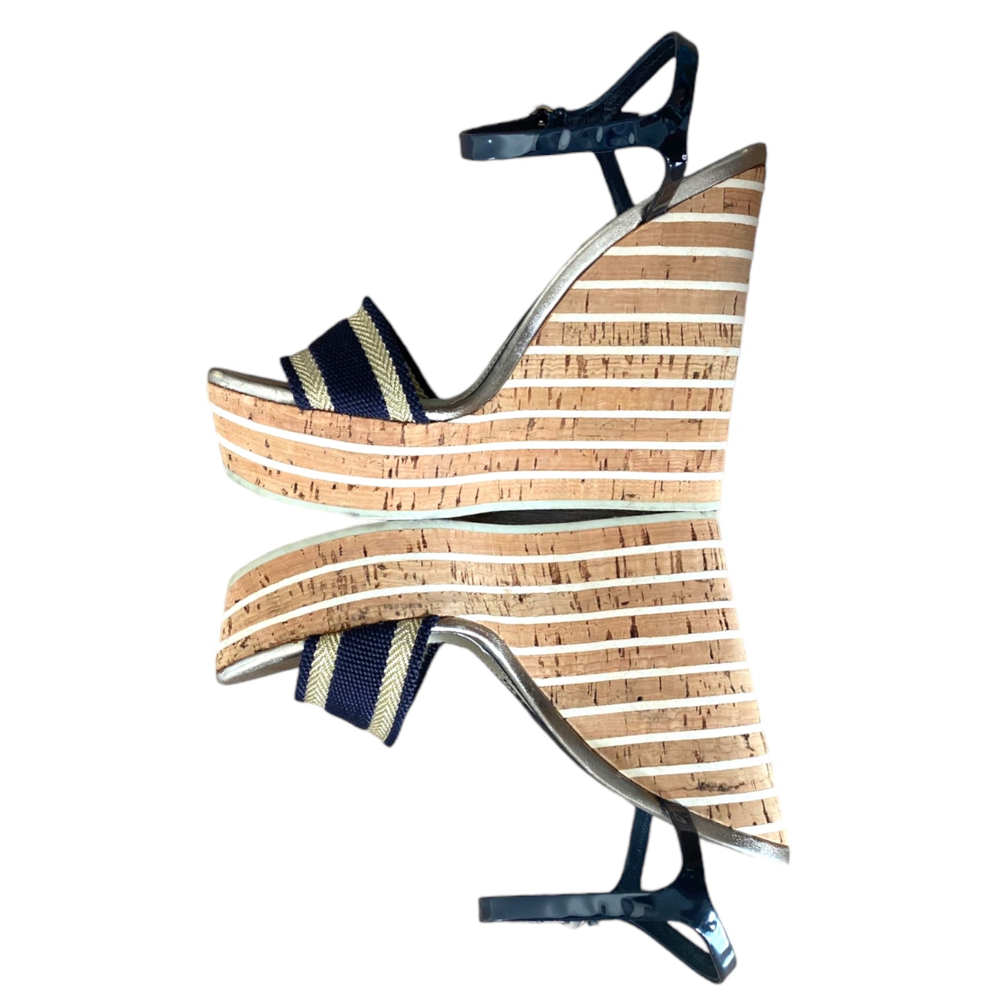 GUCCI Gold, Navy Canvas, Navy Patent Ankle Strap Cork Wedge Sandals, Size 37