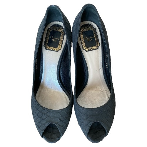 CHRISTIAN DIOR Miss Dior Black Python Leather Peep Toe Pumps, Size 37.5