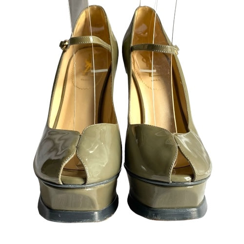 YVES SAINT LAURENT Olive Green Patent Leather Tribute Mary Jane Pumps, Size 38.5