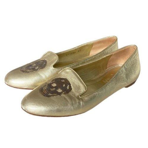 ALEXANDER MCQUEEN Gold Leather Sequin Skull Ballet Loafer Flats, Size 37