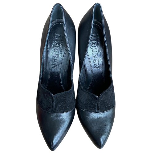 ALEXANDER MCQUEEN Black Leather & Suede Pointed Toe Platform Pumps, Size 37