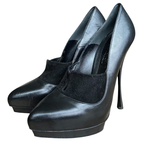 ALEXANDER MCQUEEN Black Leather & Suede Pointed Toe Platform Pumps, Size 37
